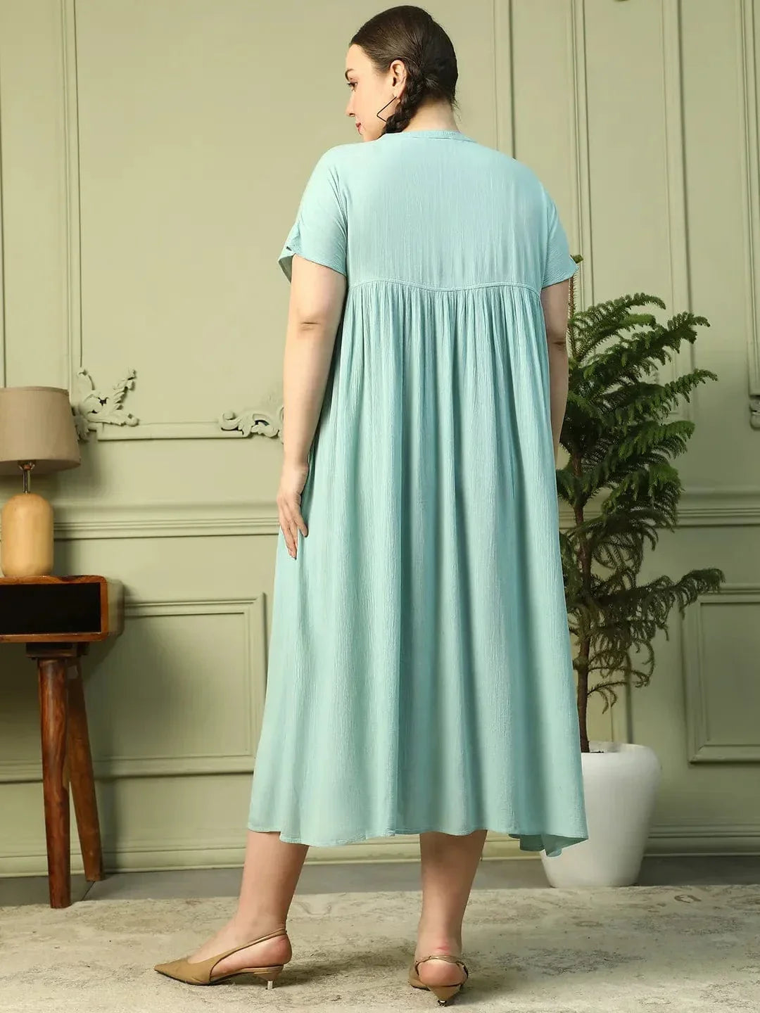 Light Green Short Sleeve Rayon Crepe Long Maxi Plus Size Women Dress - oxolloxo