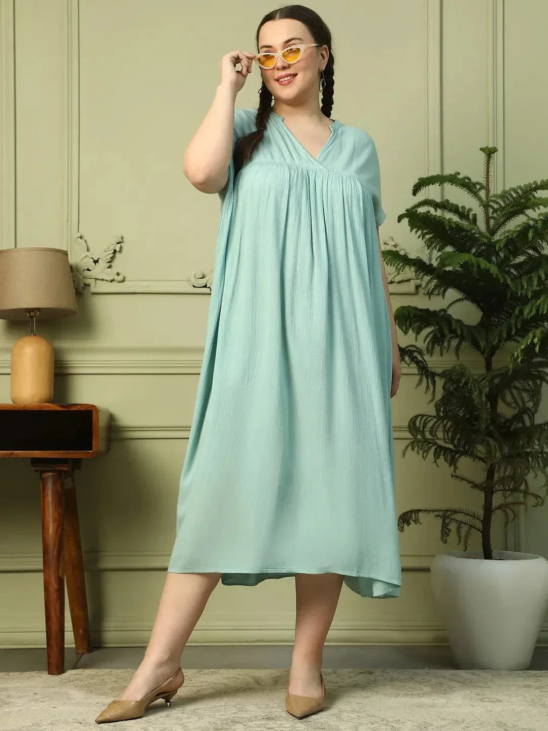 Light Green Short Sleeve Rayon Crepe Long Maxi Plus Size Women Dress - oxolloxo