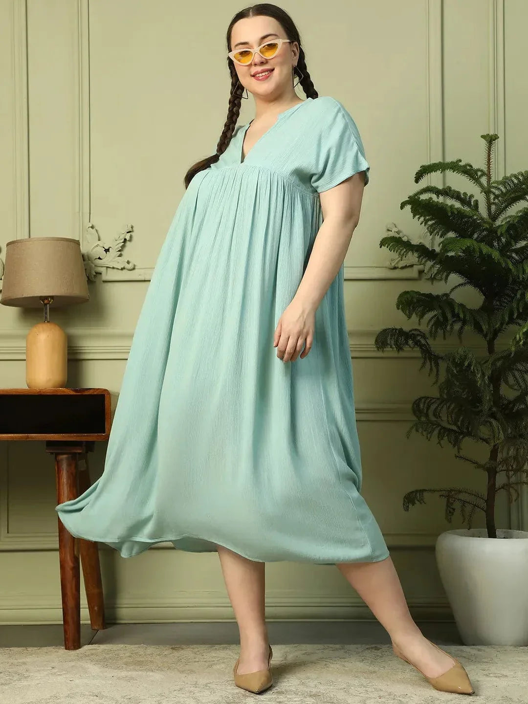Light Green Short Sleeve Rayon Crepe Long Maxi Plus Size Women Dress - oxolloxo