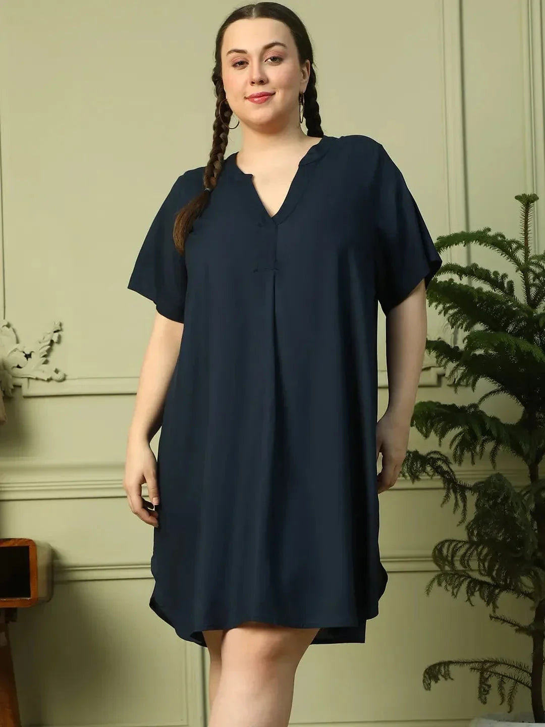 Dark Navy Blue Short Sleeve plus Size Women Dress - oxolloxo