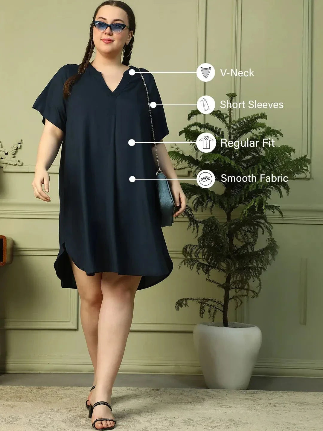 Dark Navy Blue Short Sleeve plus Size Women Dress - oxolloxo