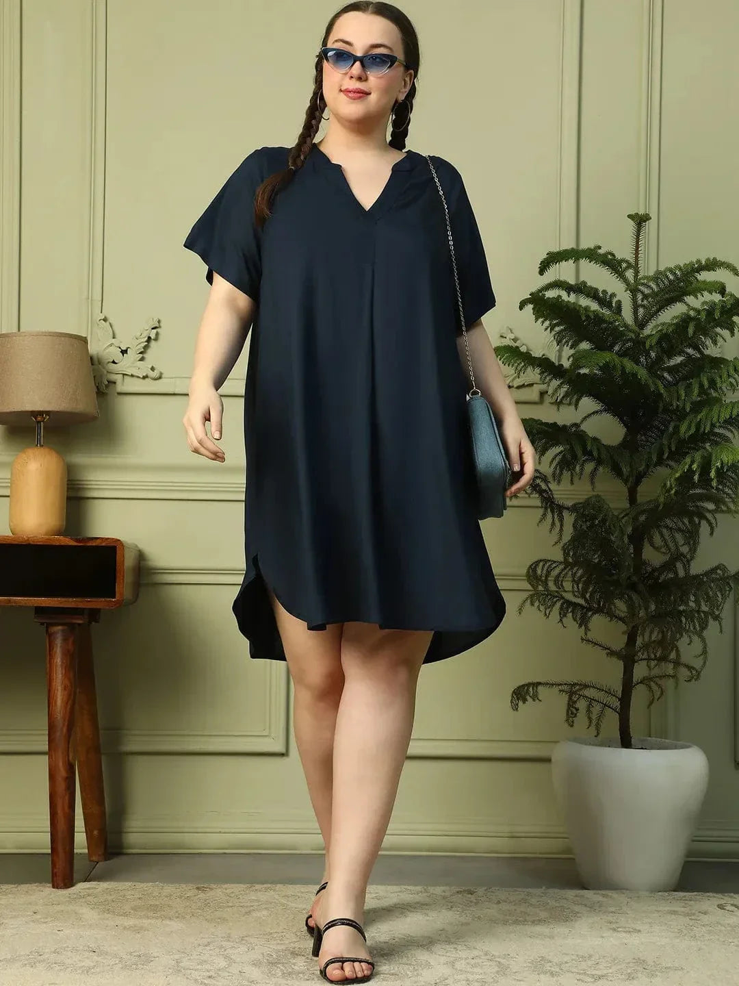 Dark Navy Blue Short Sleeve plus Size Women Dress - oxolloxo