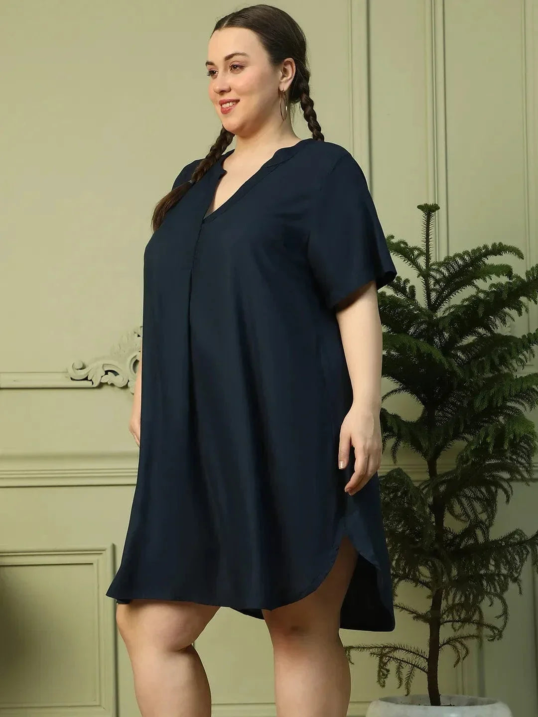 Dark Navy Blue Short Sleeve plus Size Women Dress - oxolloxo