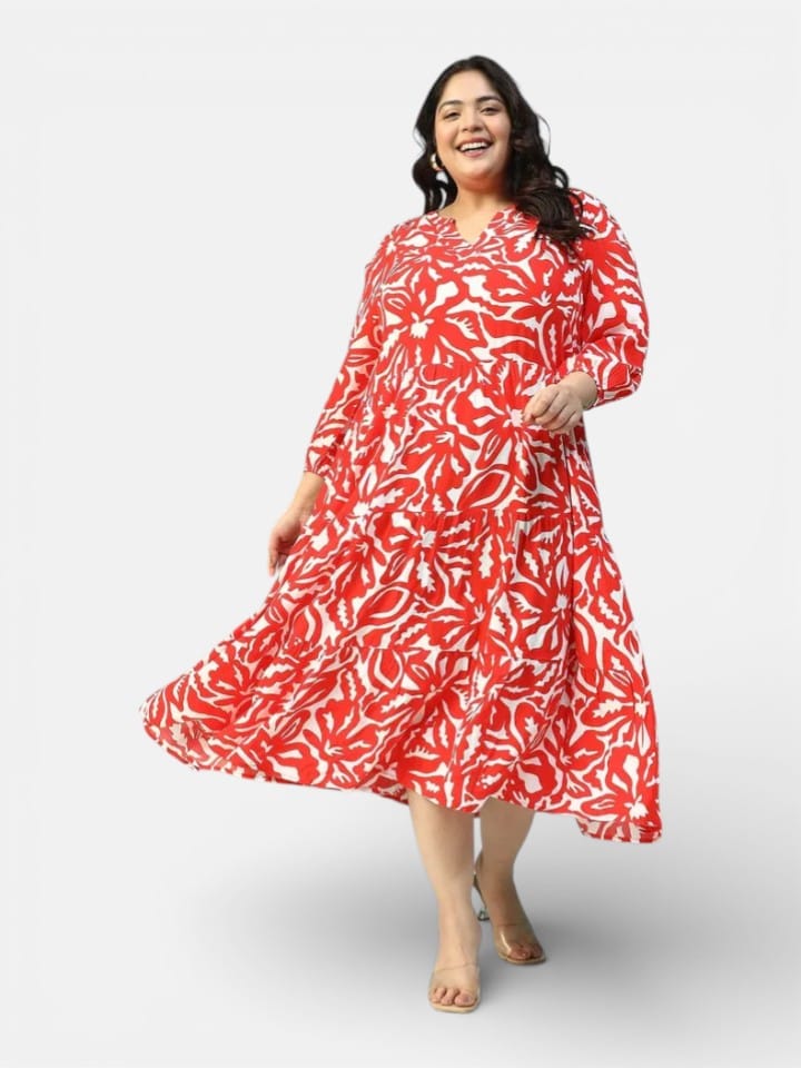 Plus Size Red Floral Print Dress