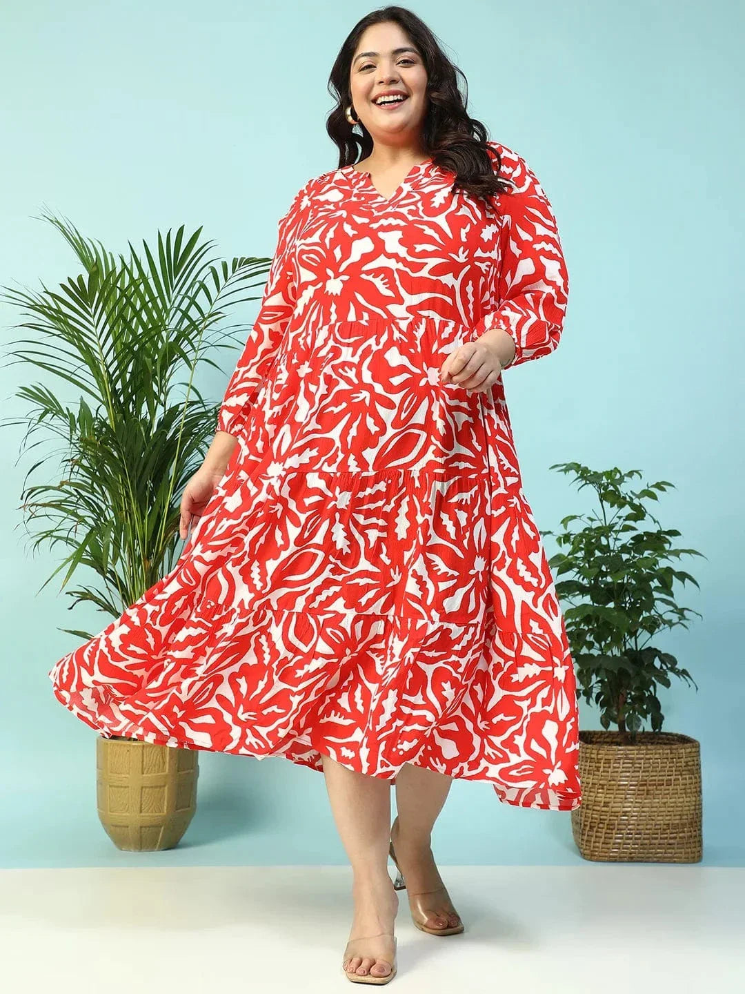 Red Floral Print V-Neck Long Sleeve Flare Maxi Plus Size Women Dress - oxolloxo