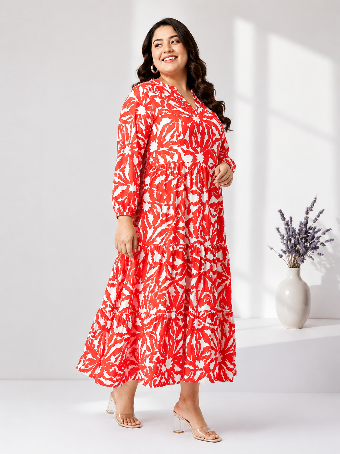 Plus Size Red Floral Print Dress