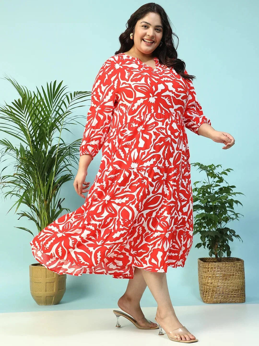 Red Floral Print V-Neck Long Sleeve Flare Maxi Plus Size Women Dress - oxolloxo