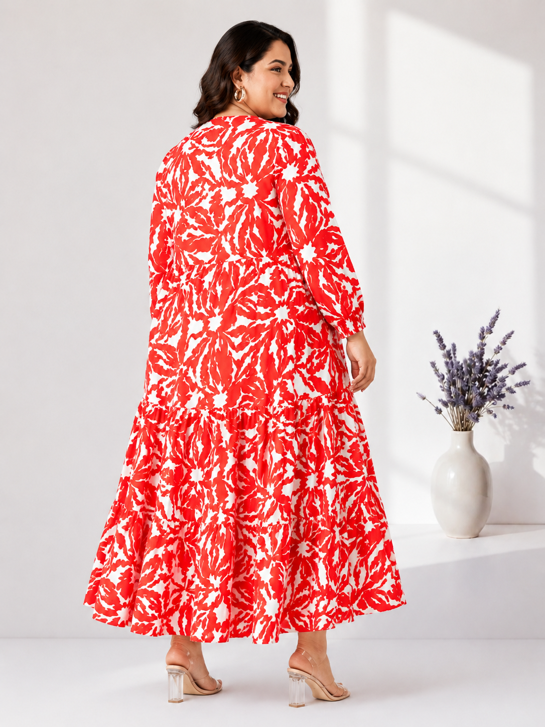 Plus Size Red Floral Print Dress