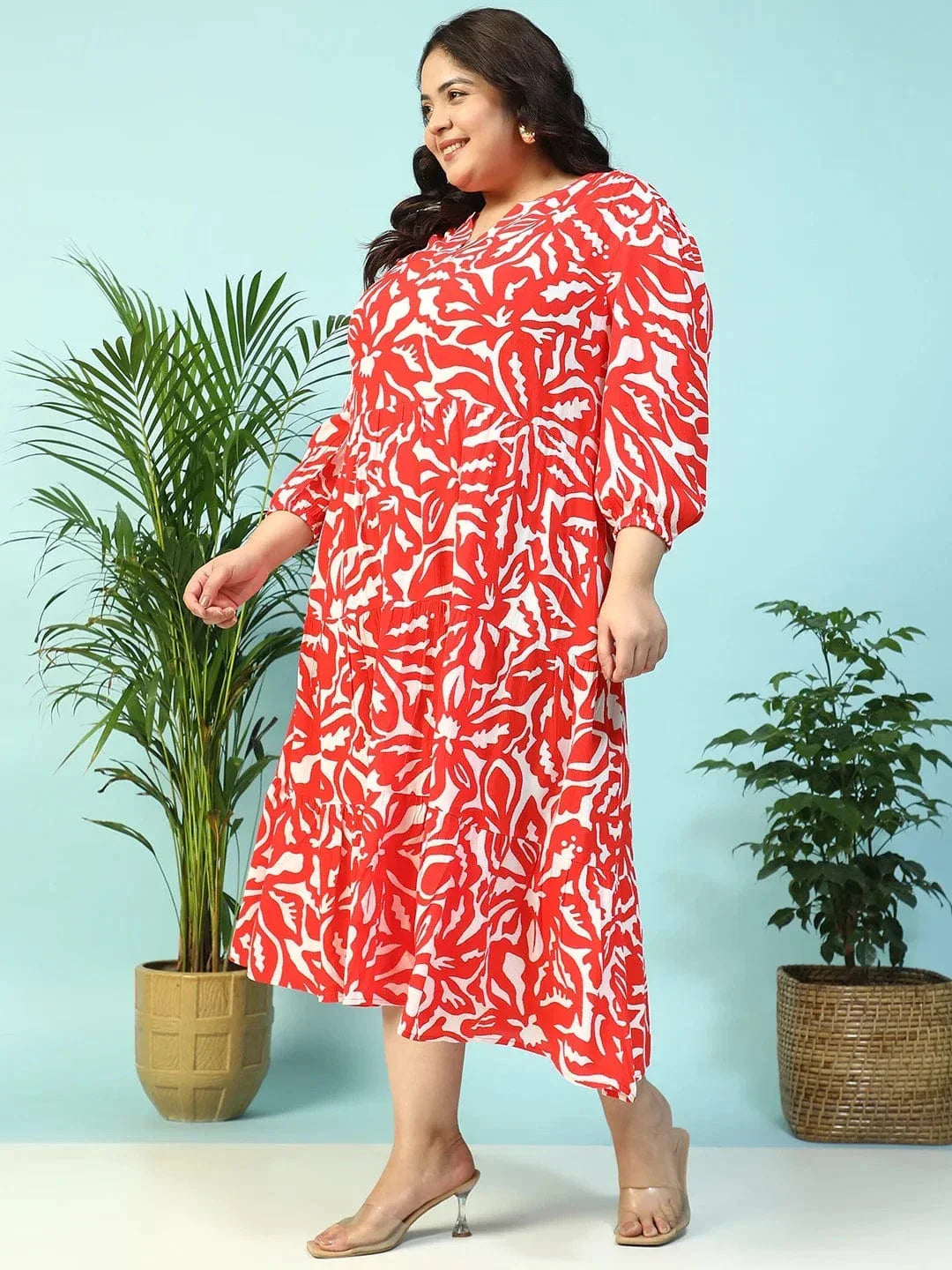 Red Floral Print V-Neck Long Sleeve Flare Maxi Plus Size Women Dress - oxolloxo