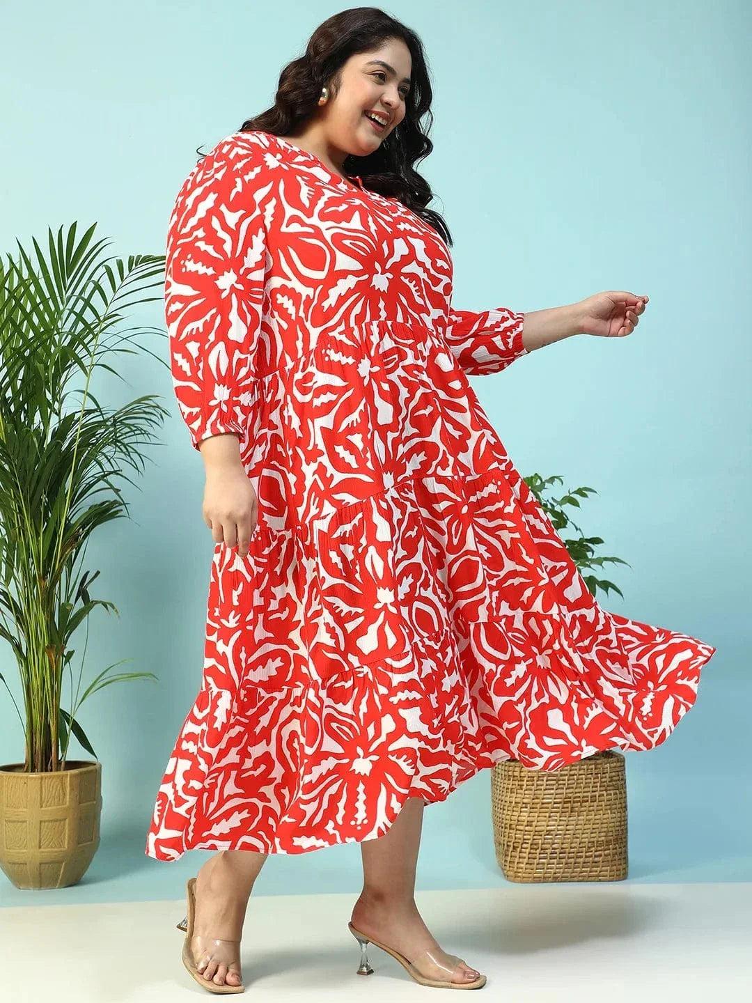 Red Floral Print V-Neck Long Sleeve Flare Maxi Plus Size Women Dress - oxolloxo