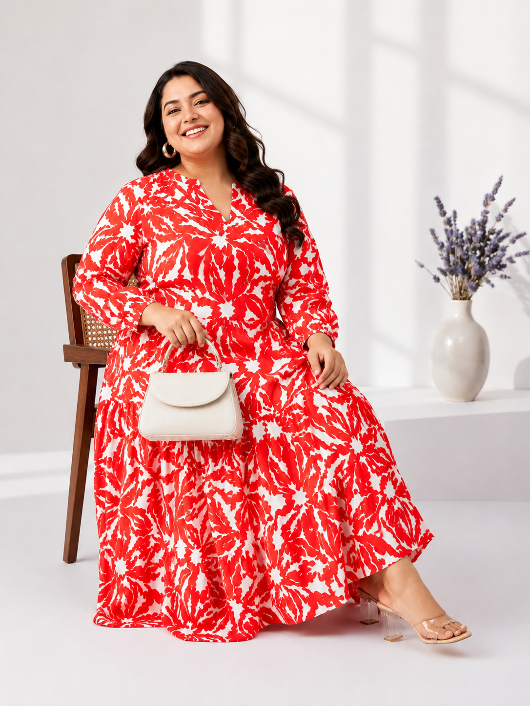 Plus Size Red Floral Print Dress