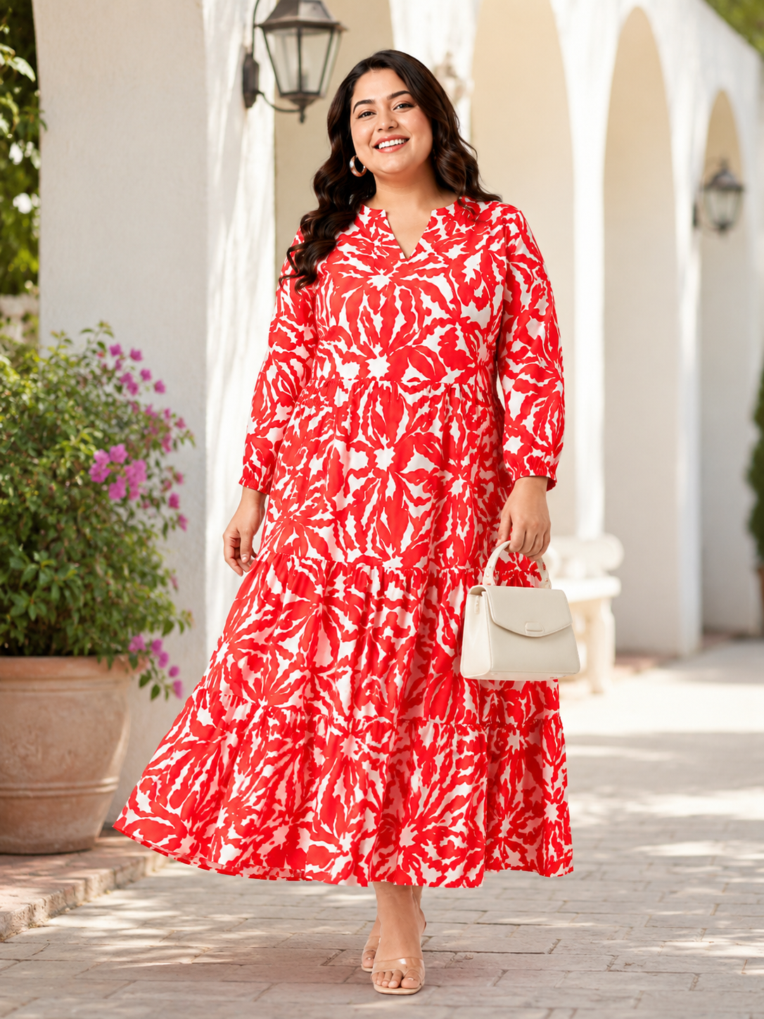Plus Size Red Floral Print Dress