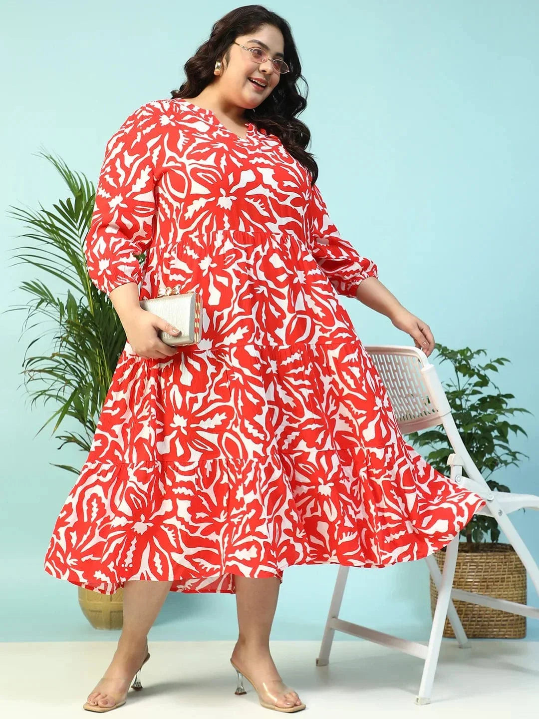Red Floral Print V-Neck Long Sleeve Flare Maxi Plus Size Women Dress - oxolloxo