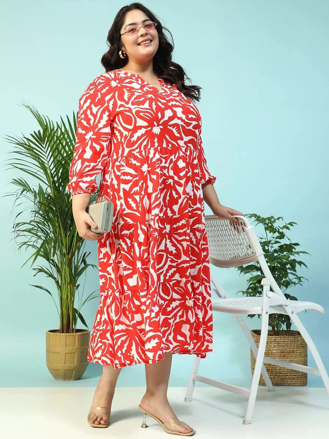 Red Floral Print V-Neck Long Sleeve Flare Maxi Plus Size Women Dress - oxolloxo