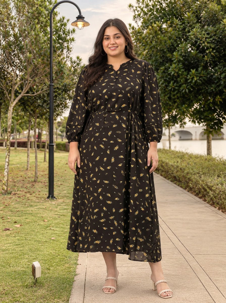 Plus Size Black Floral Print Dress