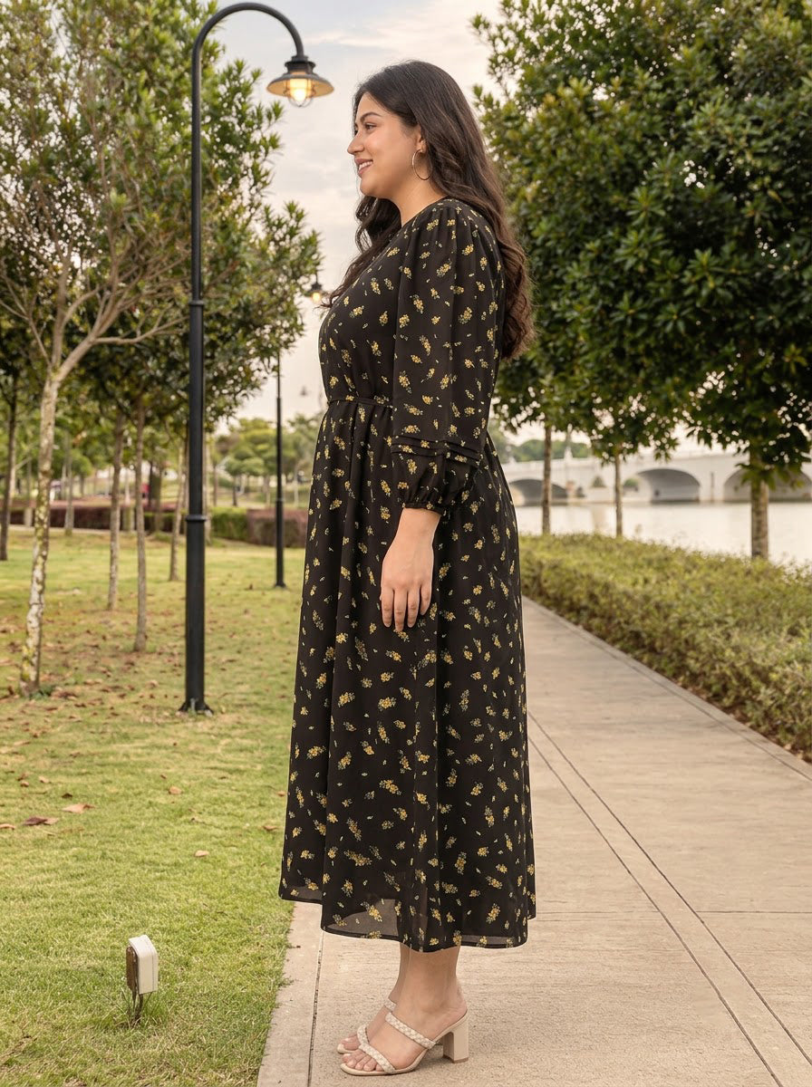 Plus Size Black Floral Print Dress