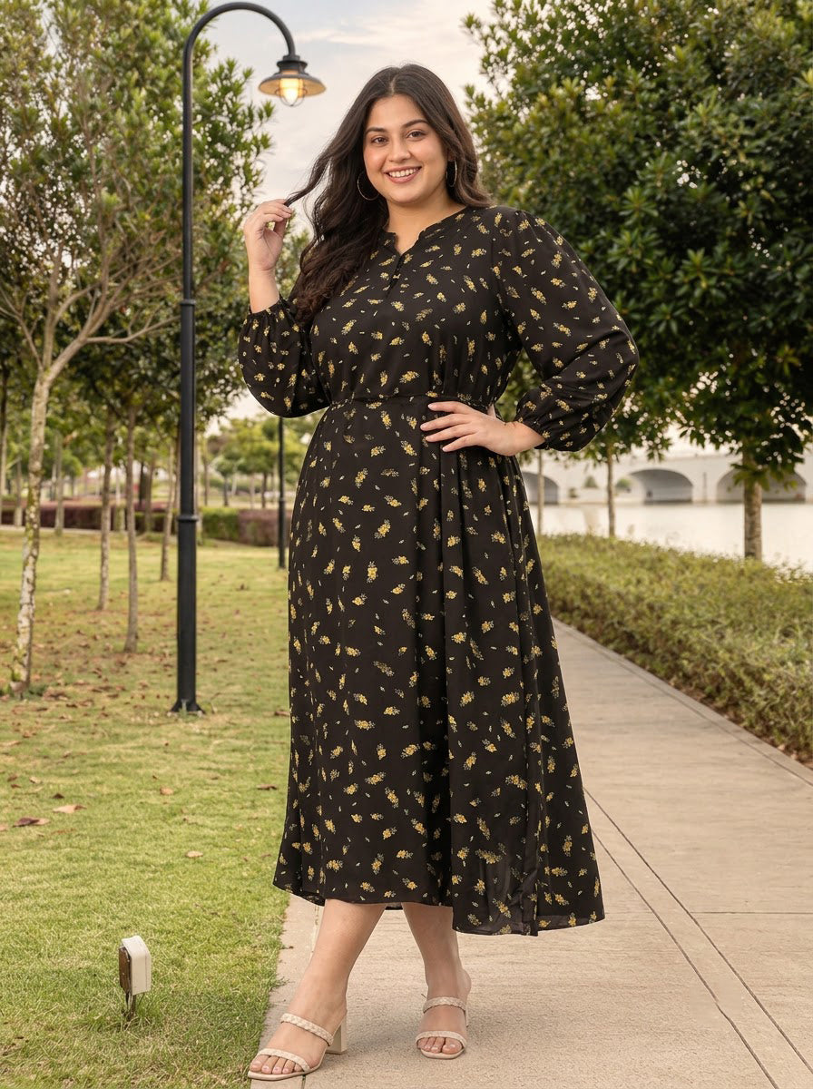 Plus Size Black Floral Print Dress