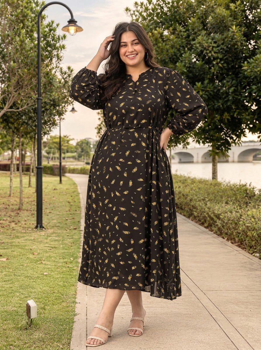 Plus Size Black Floral Print Dress