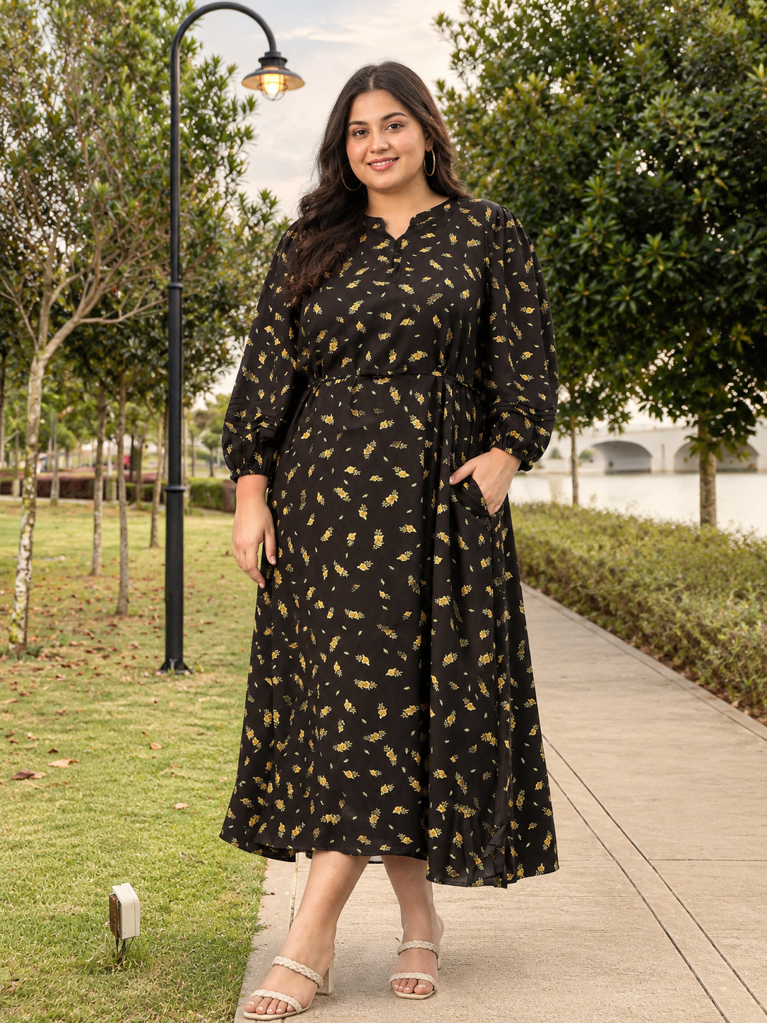 Plus Size Black Floral Print Dress