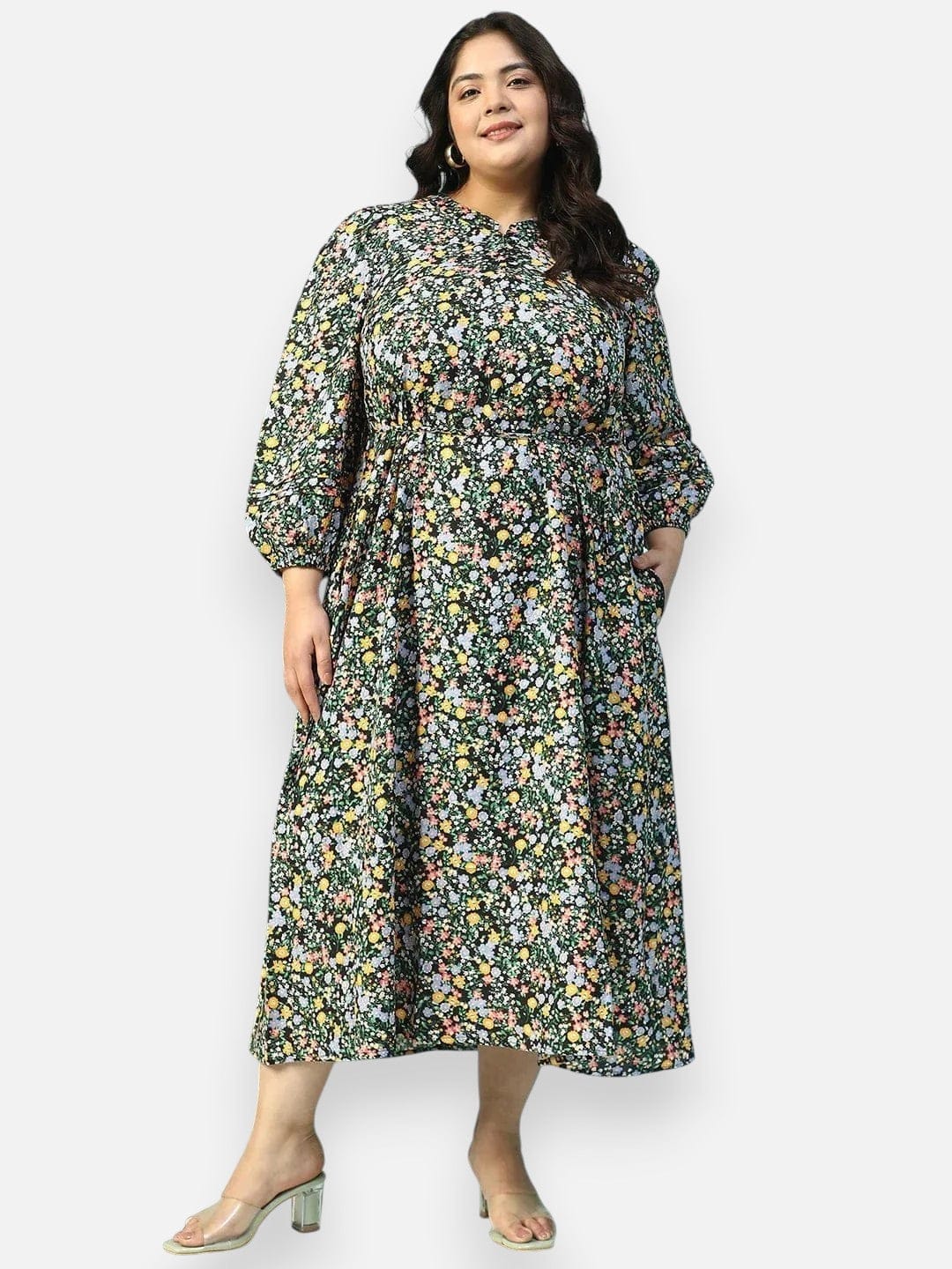 Plus Size Black Floral Print Dress