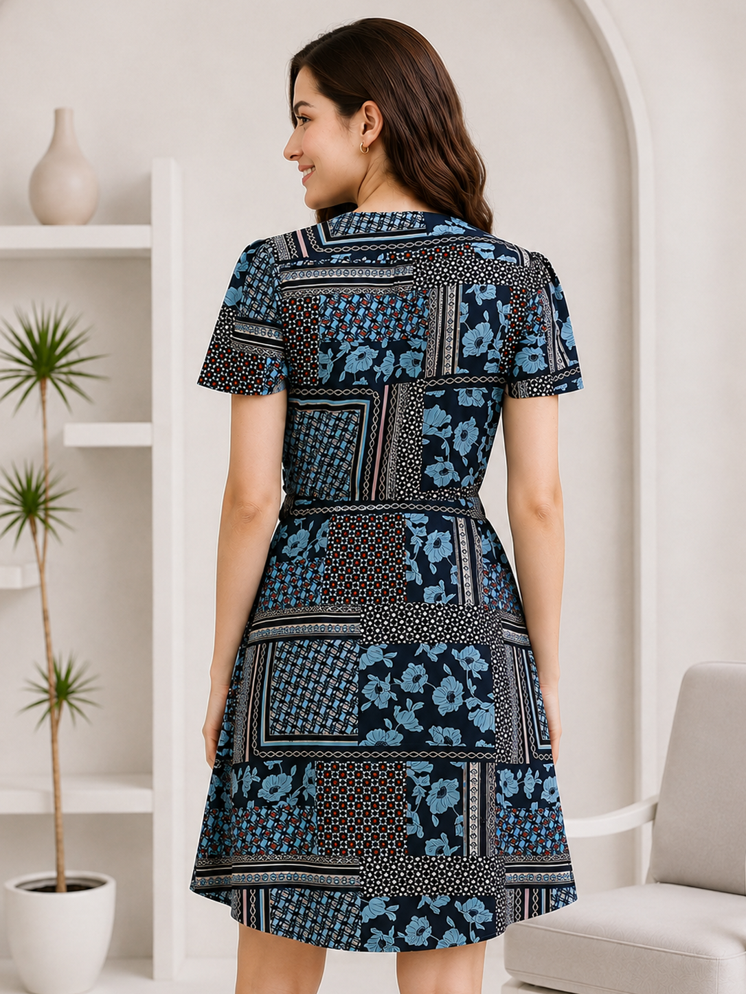 Women Blue Floral Print Dress Oxolloxo