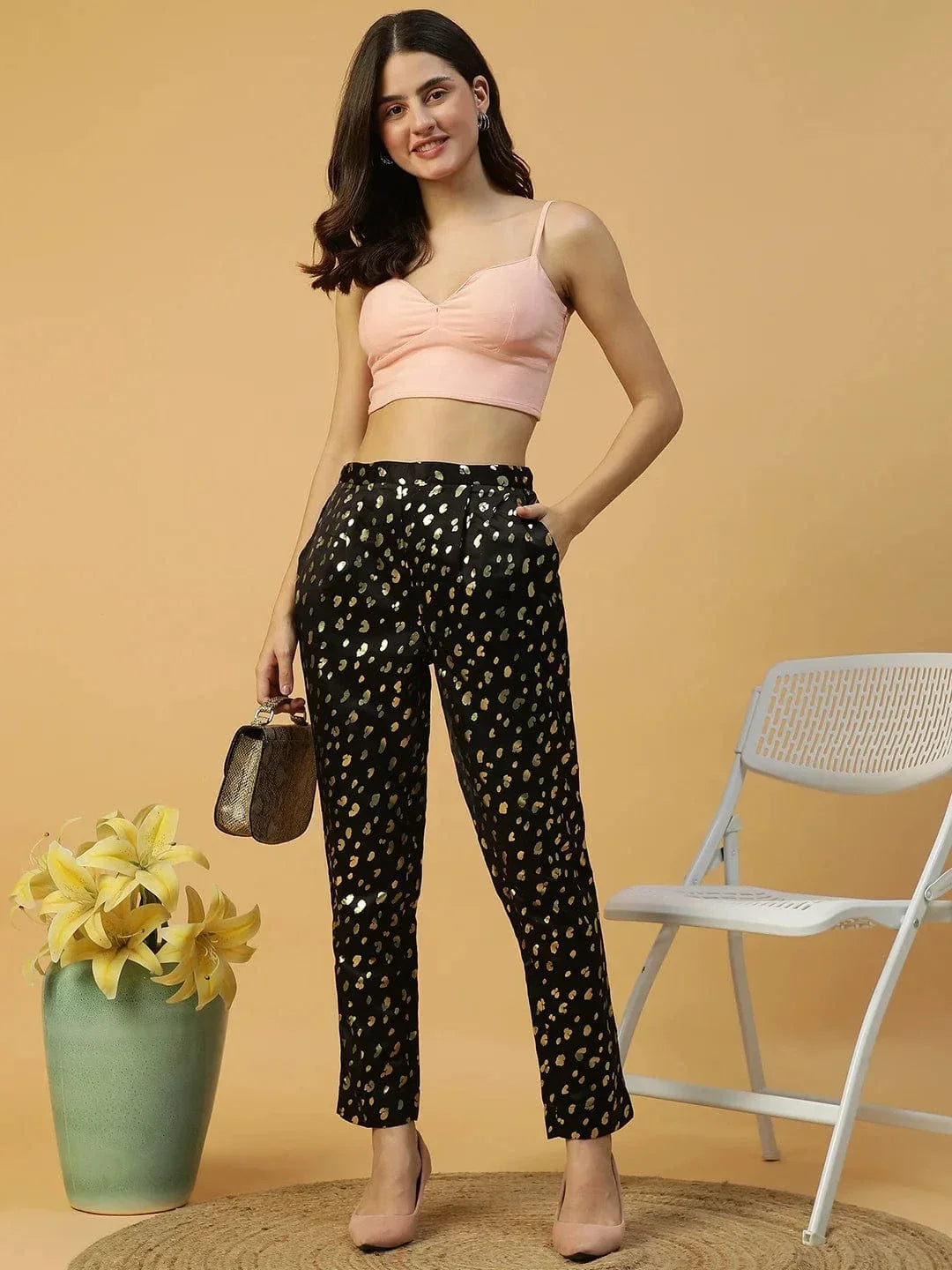 Sanguine Black Foil Print Elasticated Women Pant - oxolloxo