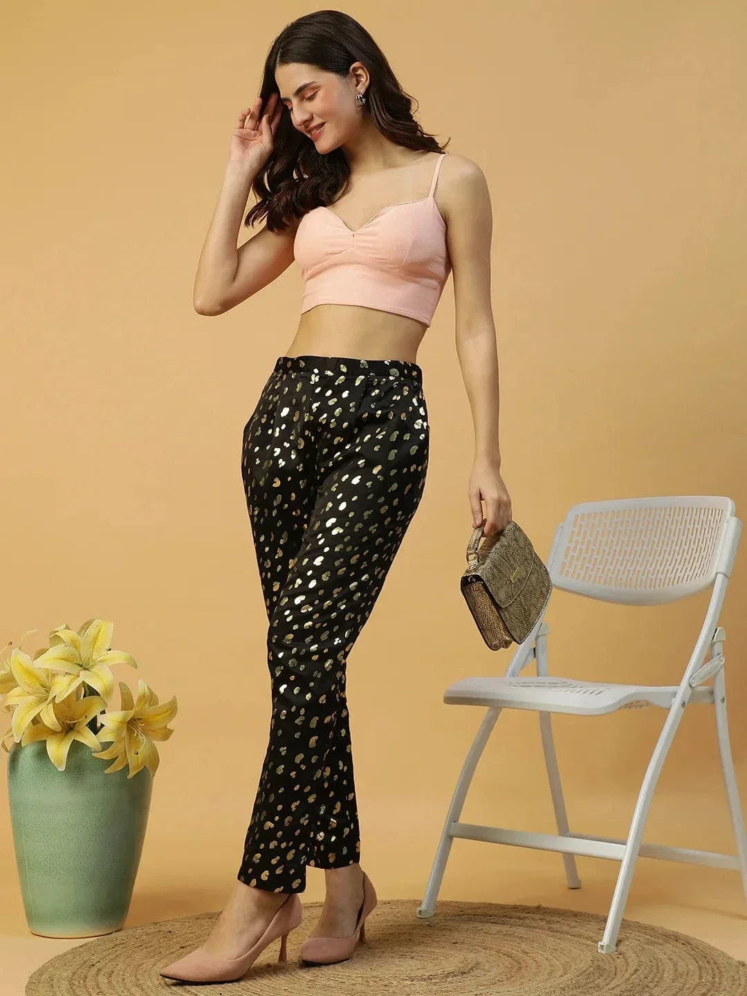 Sanguine Black Foil Print Elasticated Women Pant - oxolloxo