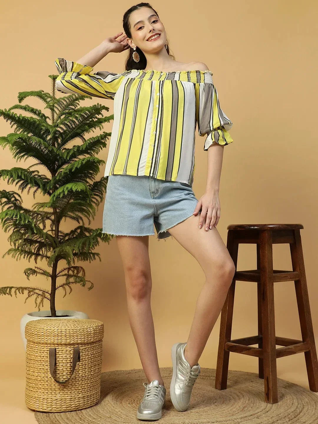 Multicolor Stripe Off Shoulder Top