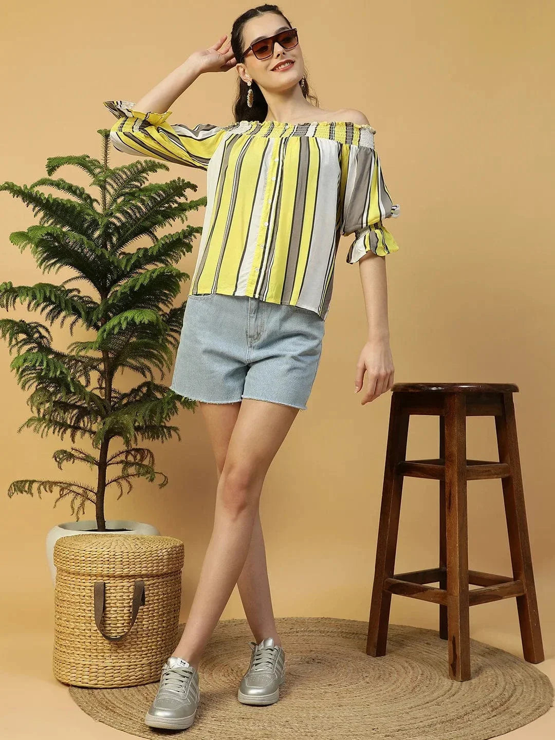 Multicolor Stripe Off Shoulder Top