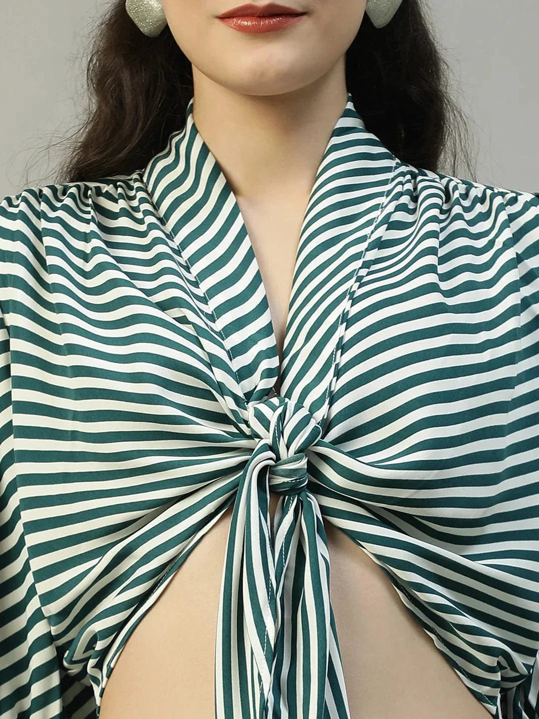 Striking Green Stripe Print Tie-Knot Detail Women Crop Top - oxolloxo