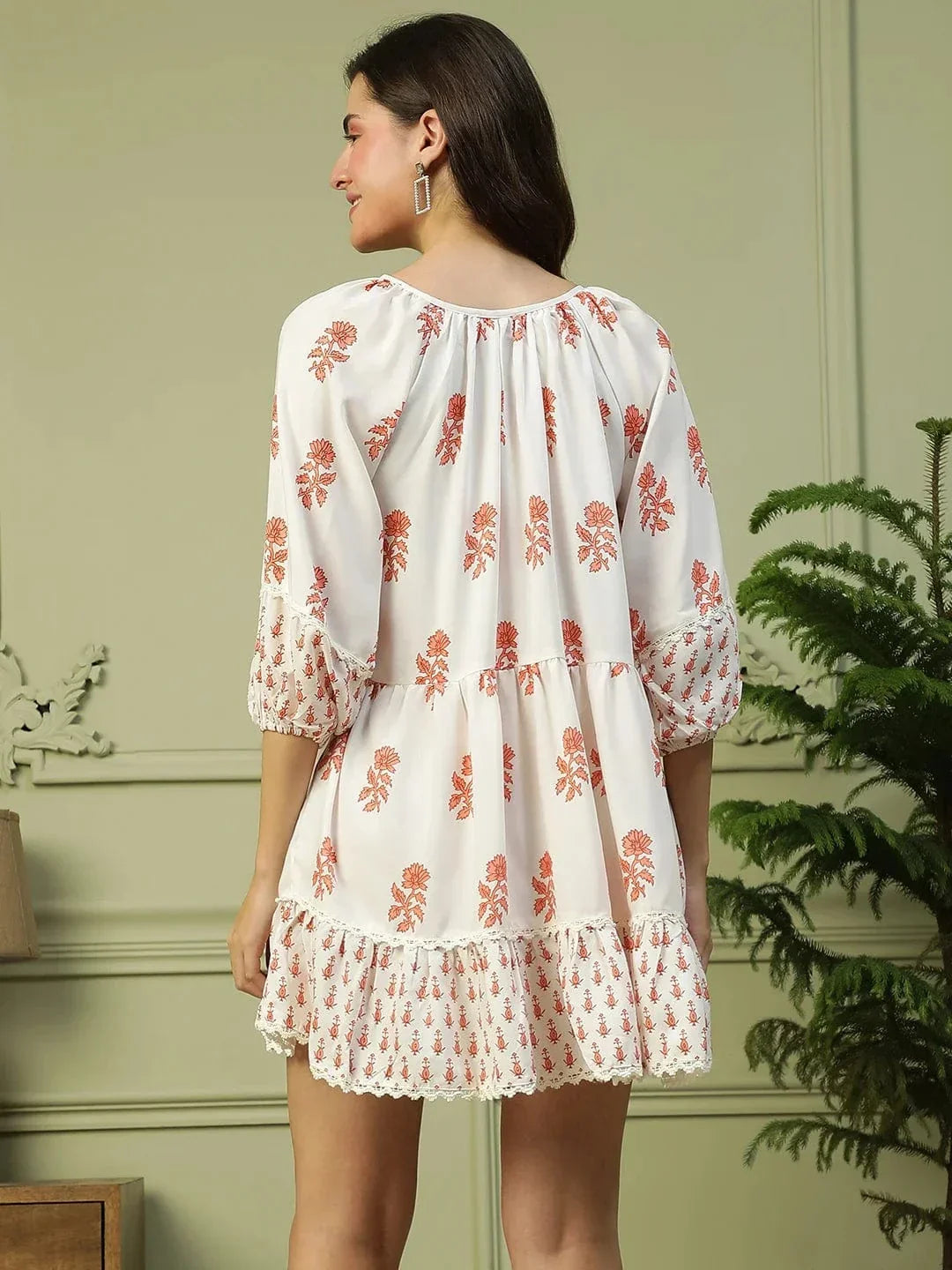 Off White Floral Print Long Sleeve Women Dress - oxolloxo