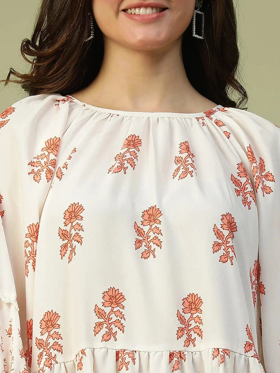 Off White Floral Print Long Sleeve Women Dress - oxolloxo