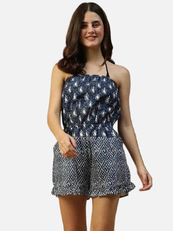 Blue Floral Print Beachwear Cotton Playsuit