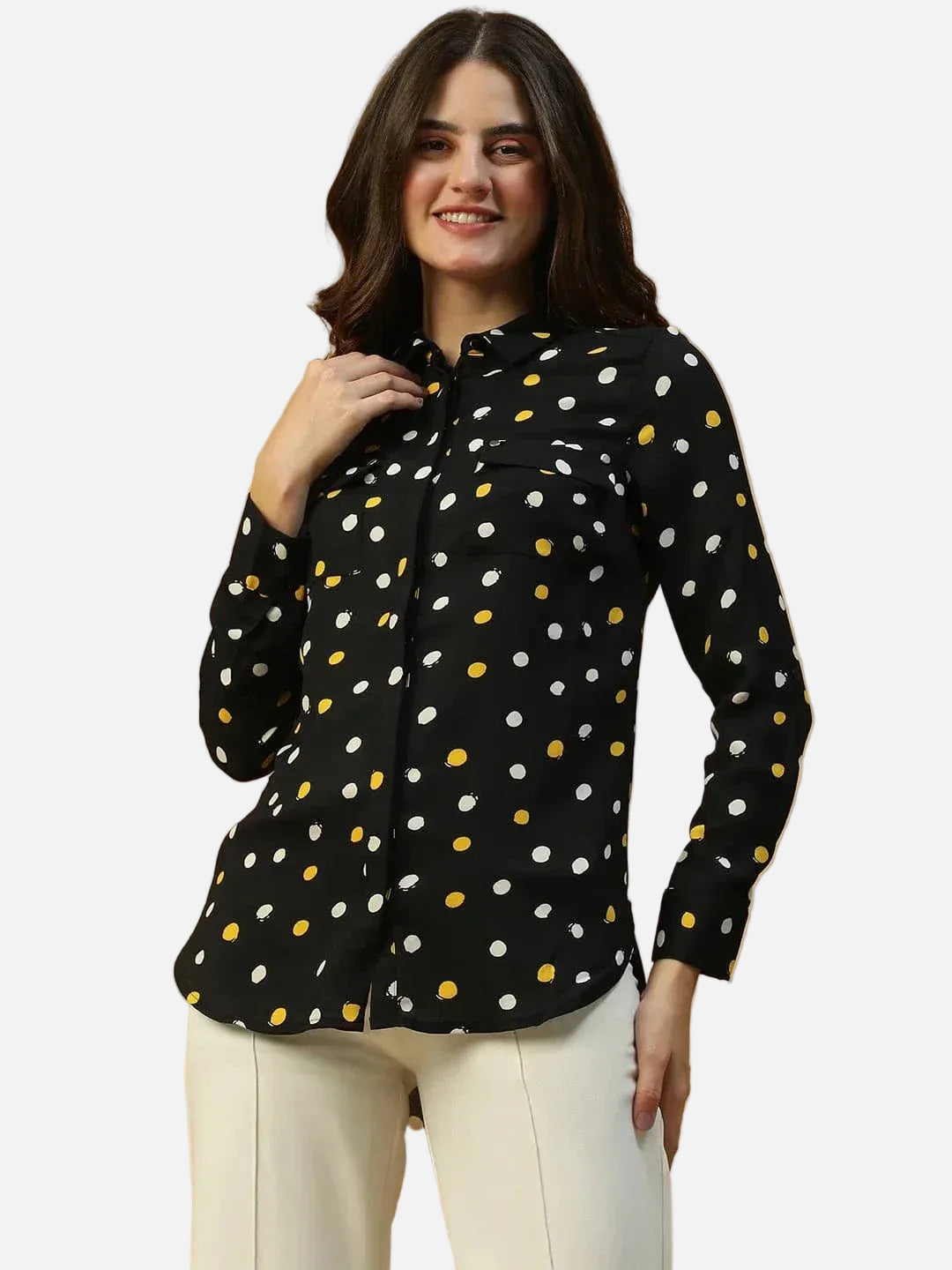 Black Polka Dot Print Long Sleeve Button Down Collared Women Shirt - oxolloxo
