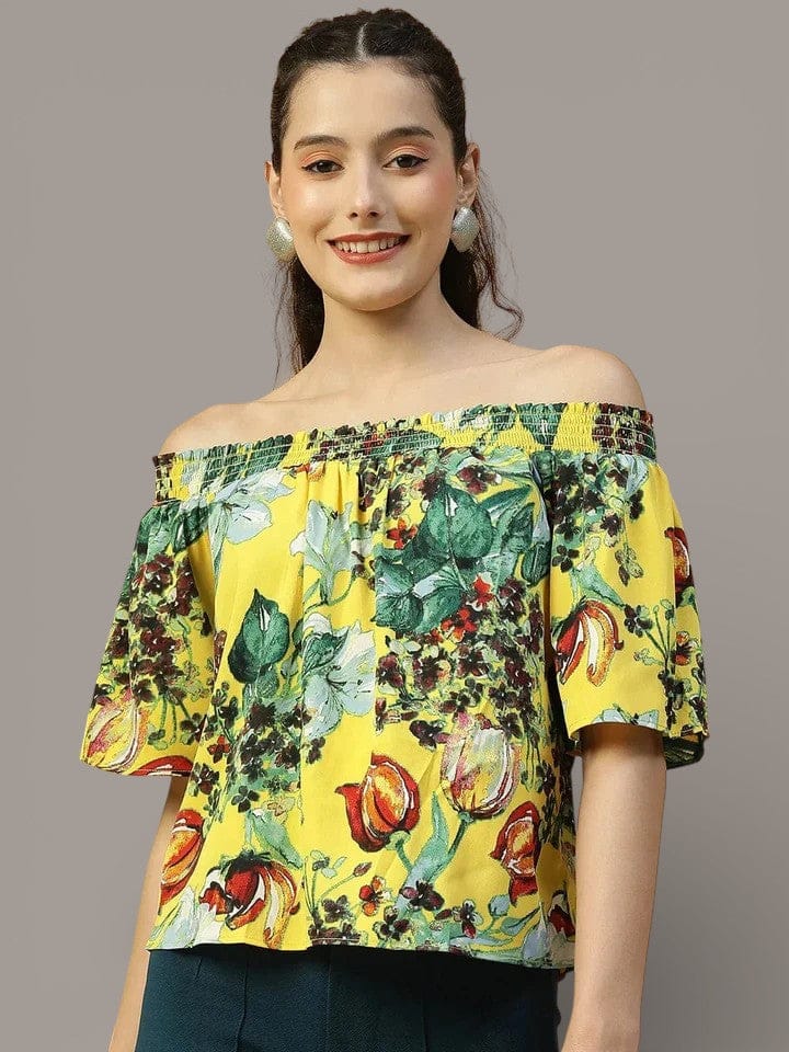 Yellow Floral Print Off-Shoulder Top