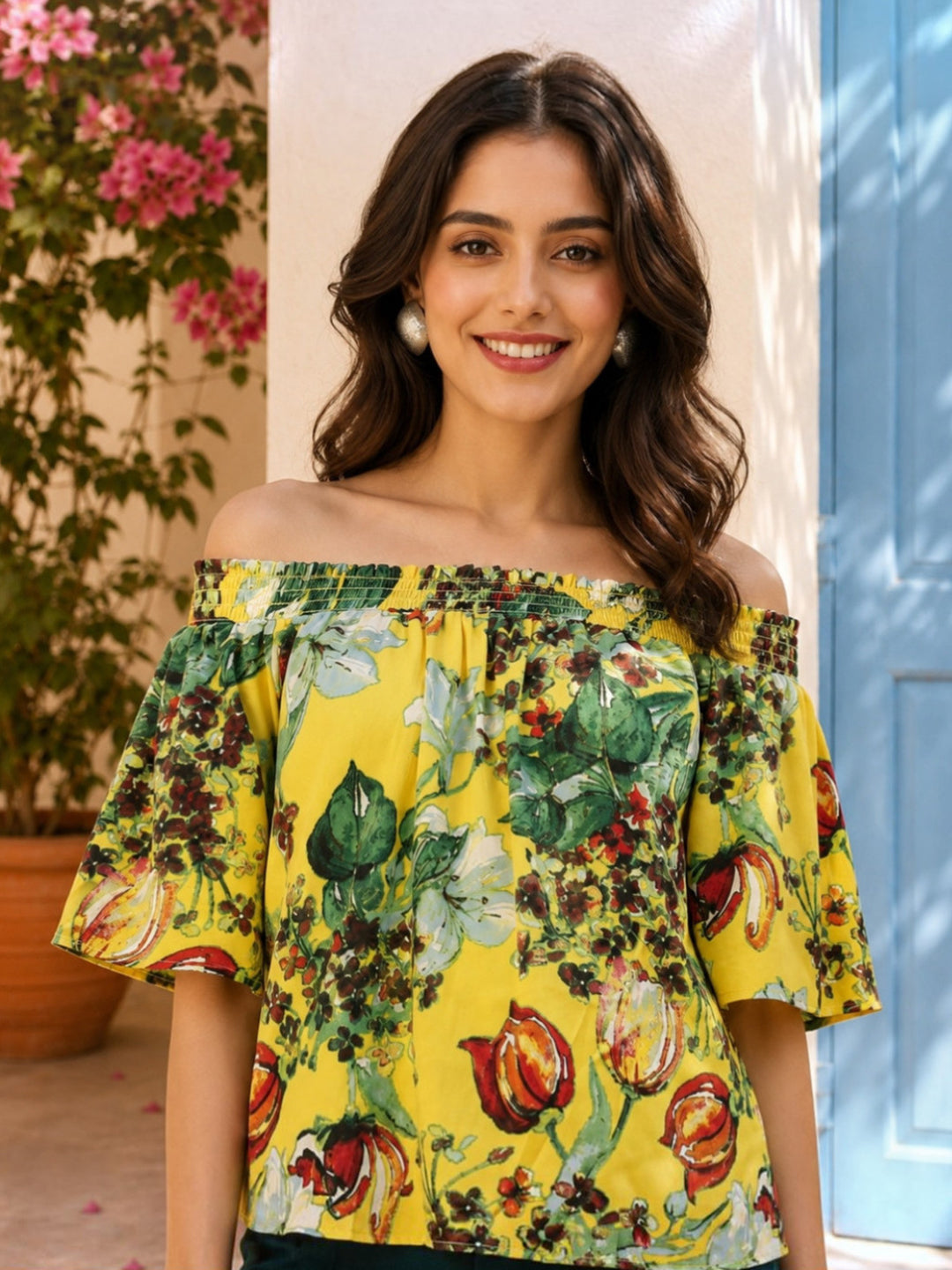 Yellow Floral Print Off-Shoulder Top