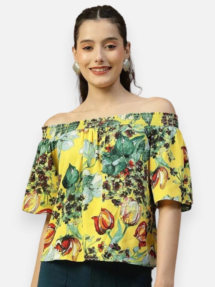 Yellow Floral Print Off-Shoulder Top