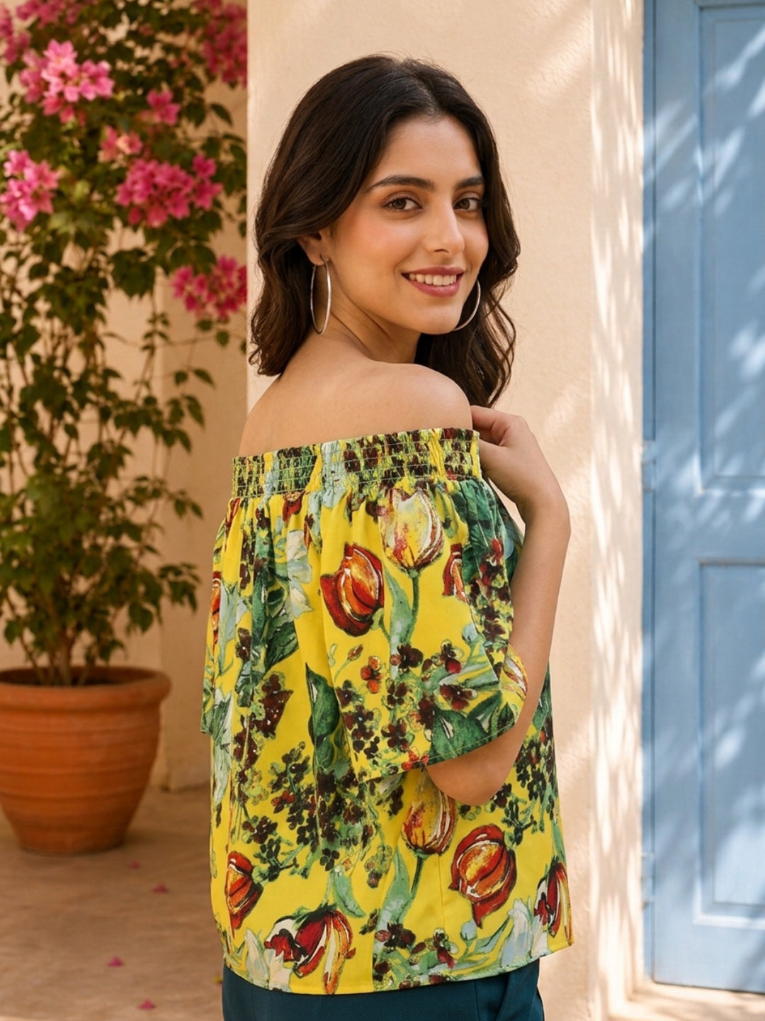 Yellow Floral Print Off-Shoulder Top