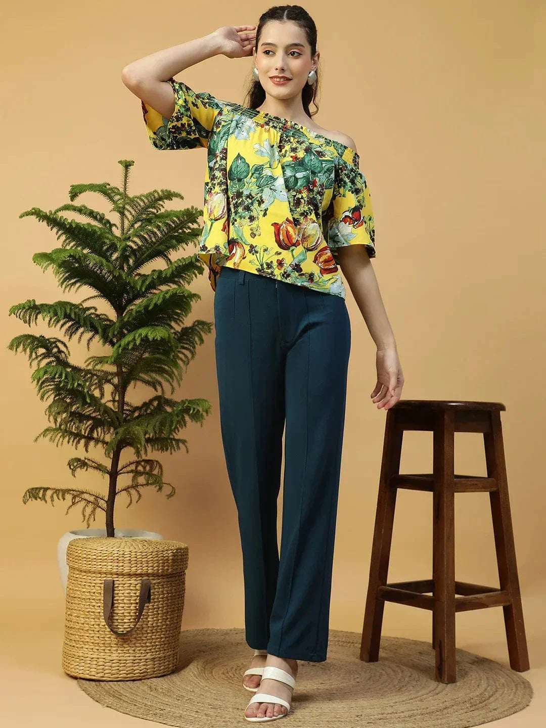 Glammed Yellow Floral Print Short Sleeve Women Off-Shoulder Top - oxolloxo