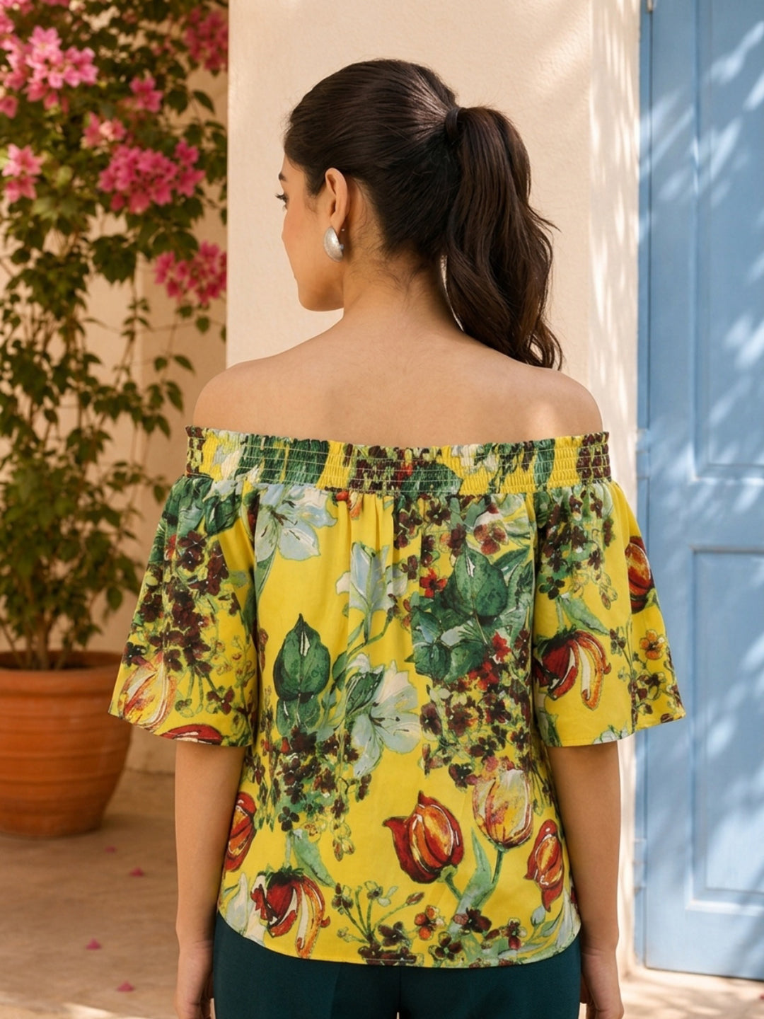 Yellow Floral Print Off-Shoulder Top