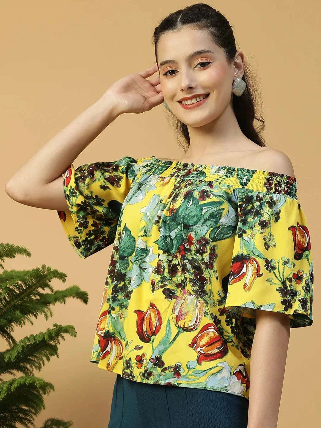 Glammed Yellow Floral Print Short Sleeve Women Off-Shoulder Top - oxolloxo