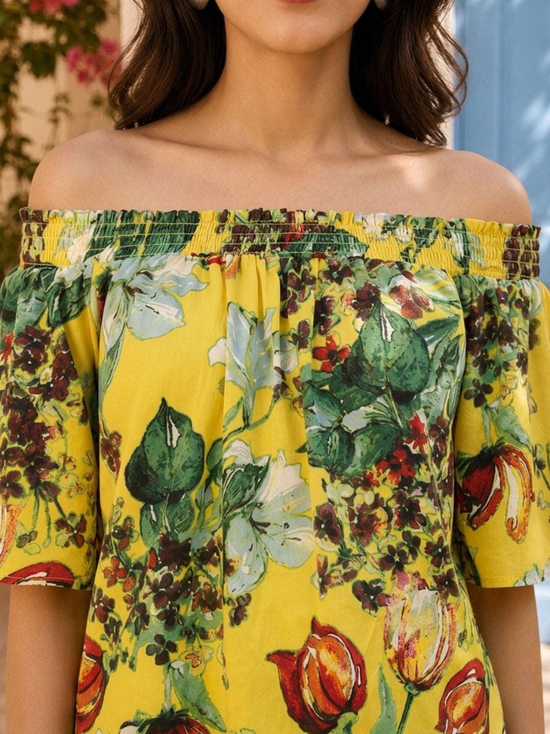 Yellow Floral Print Off-Shoulder Top