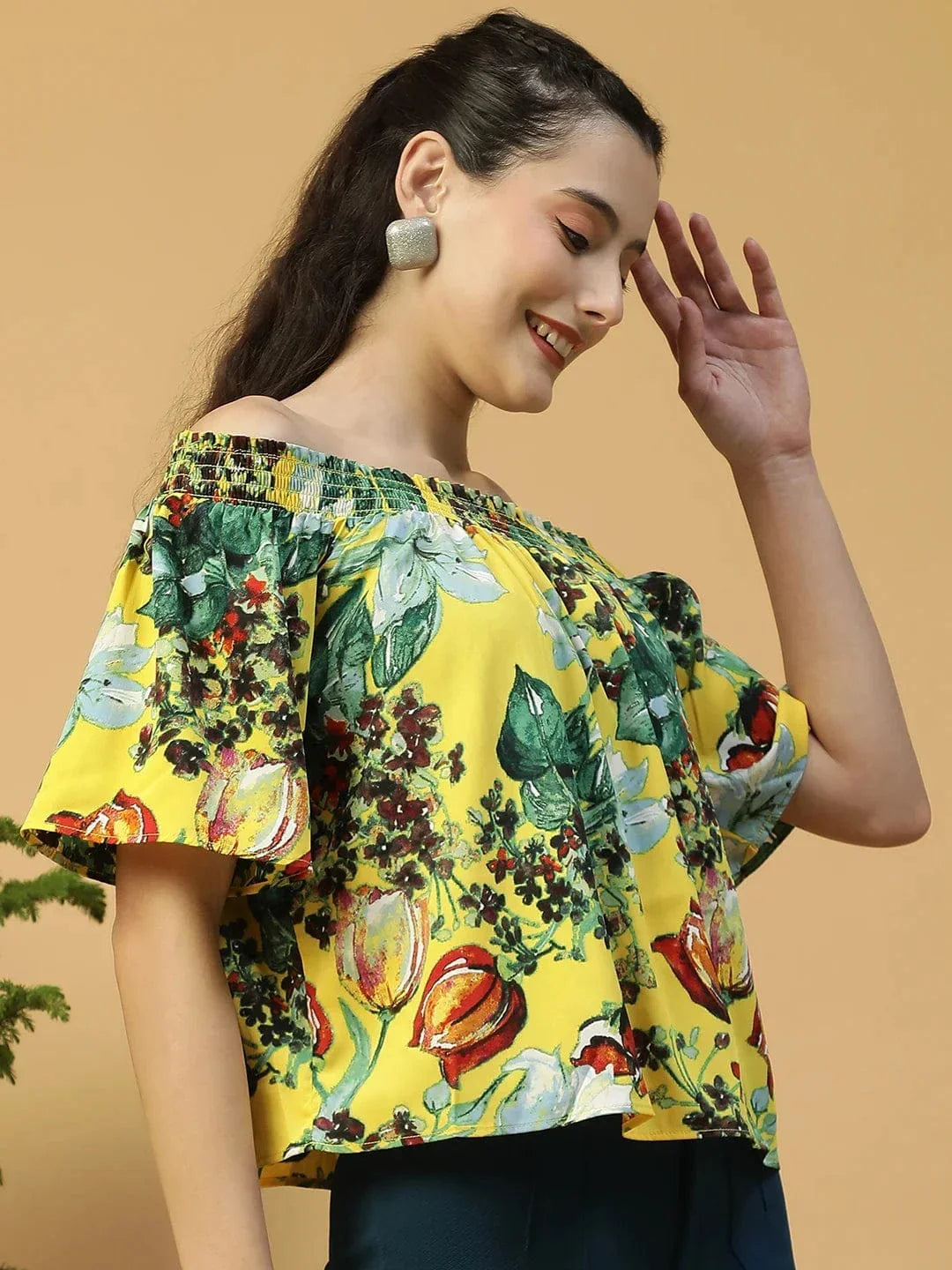 Glammed Yellow Floral Print Short Sleeve Women Off-Shoulder Top - oxolloxo