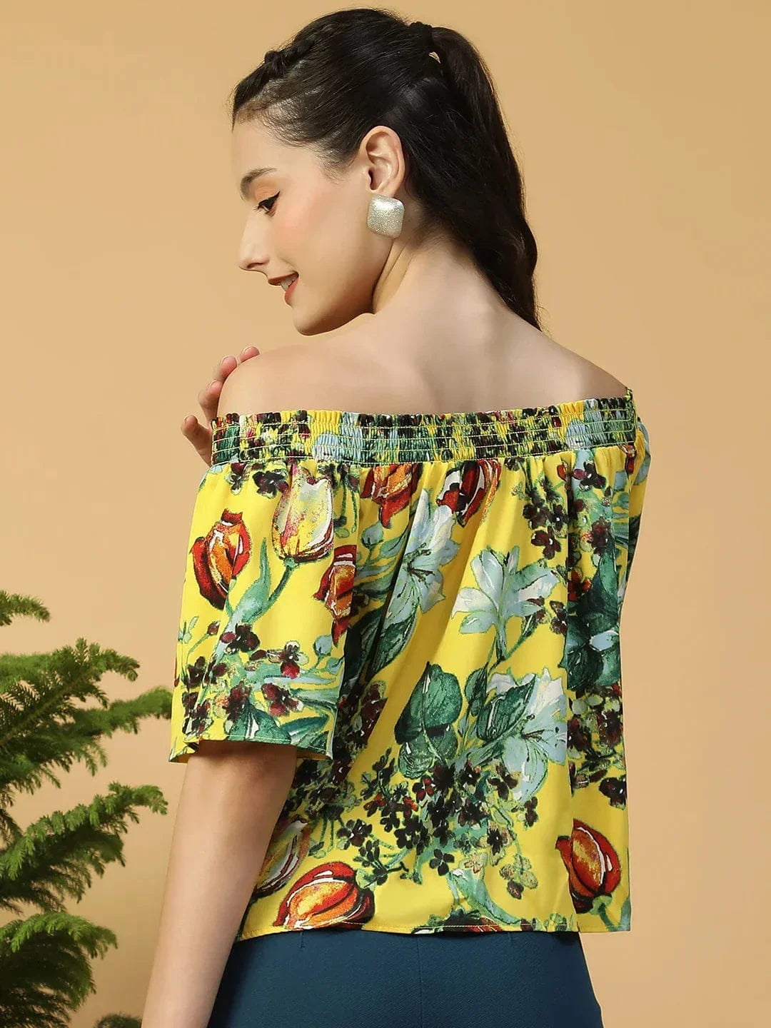 Glammed Yellow Floral Print Short Sleeve Women Off-Shoulder Top - oxolloxo