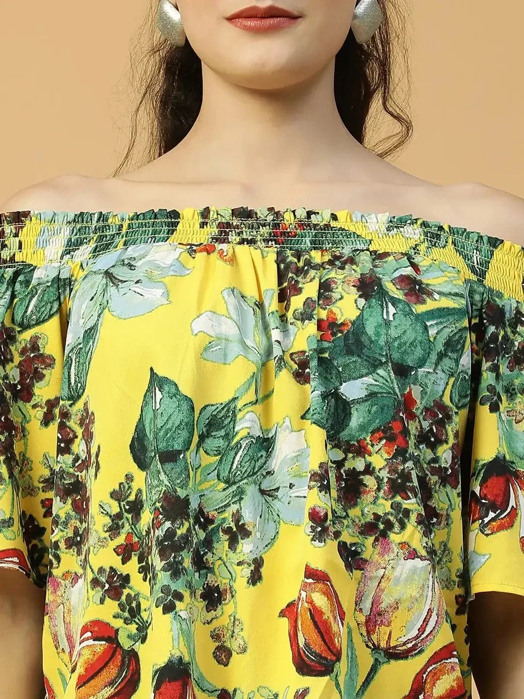Glammed Yellow Floral Print Short Sleeve Women Off-Shoulder Top - oxolloxo
