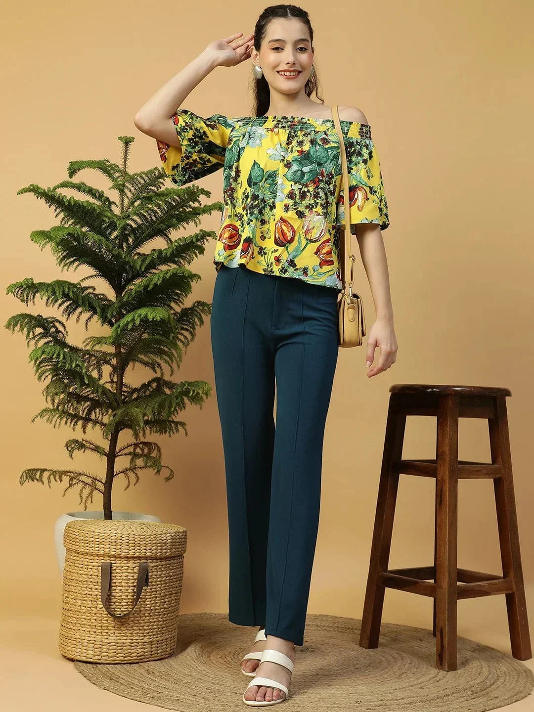 Glammed Yellow Floral Print Short Sleeve Women Off-Shoulder Top - oxolloxo