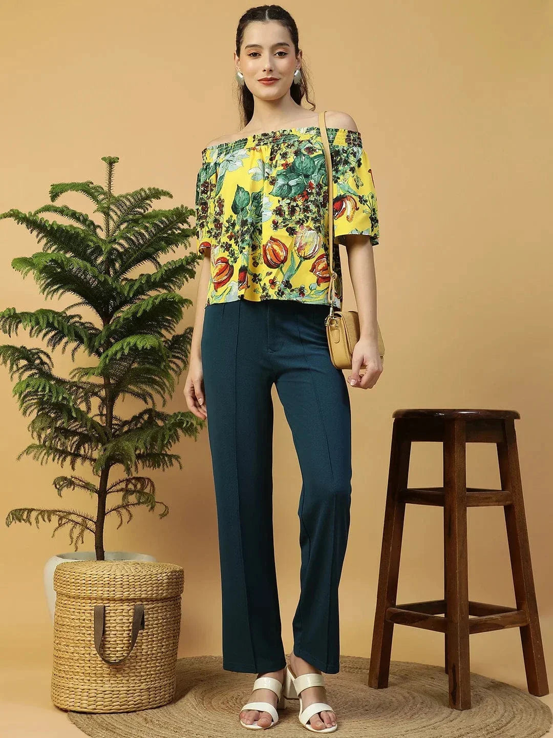 Glammed Yellow Floral Print Short Sleeve Women Off-Shoulder Top - oxolloxo