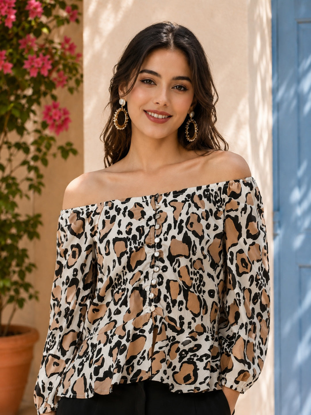 Leopard print off-shoulder blouse with button front, stylish women's fashion top
