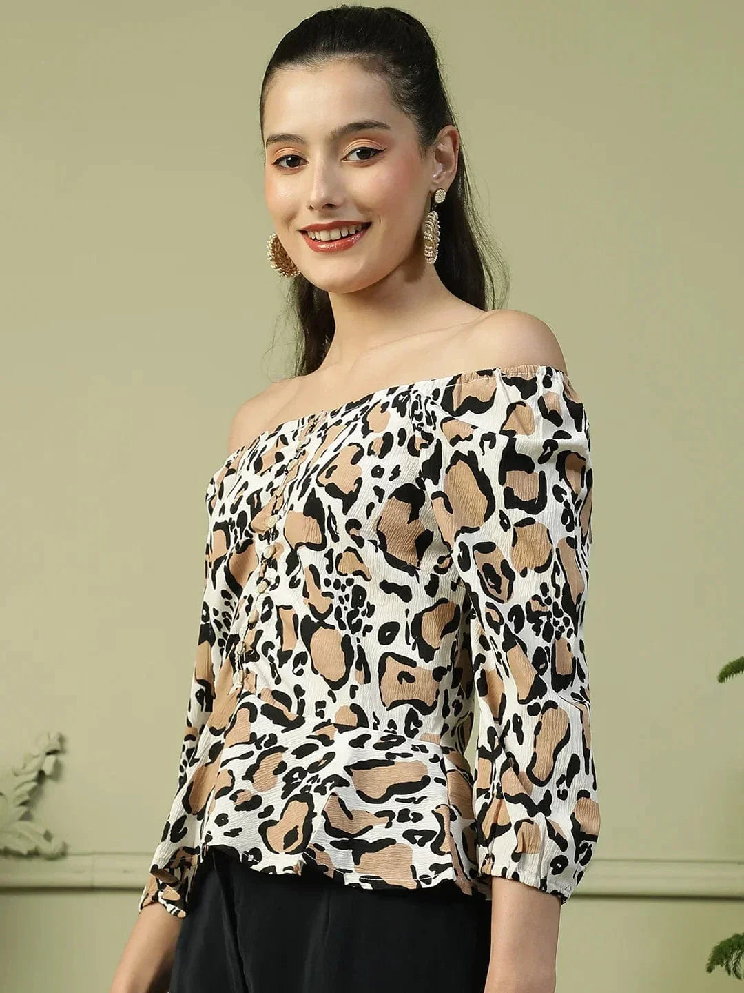 Multicolor Animal Print 3/4 Sleeve Women Off-Shoulder Peplum Top - oxolloxo
