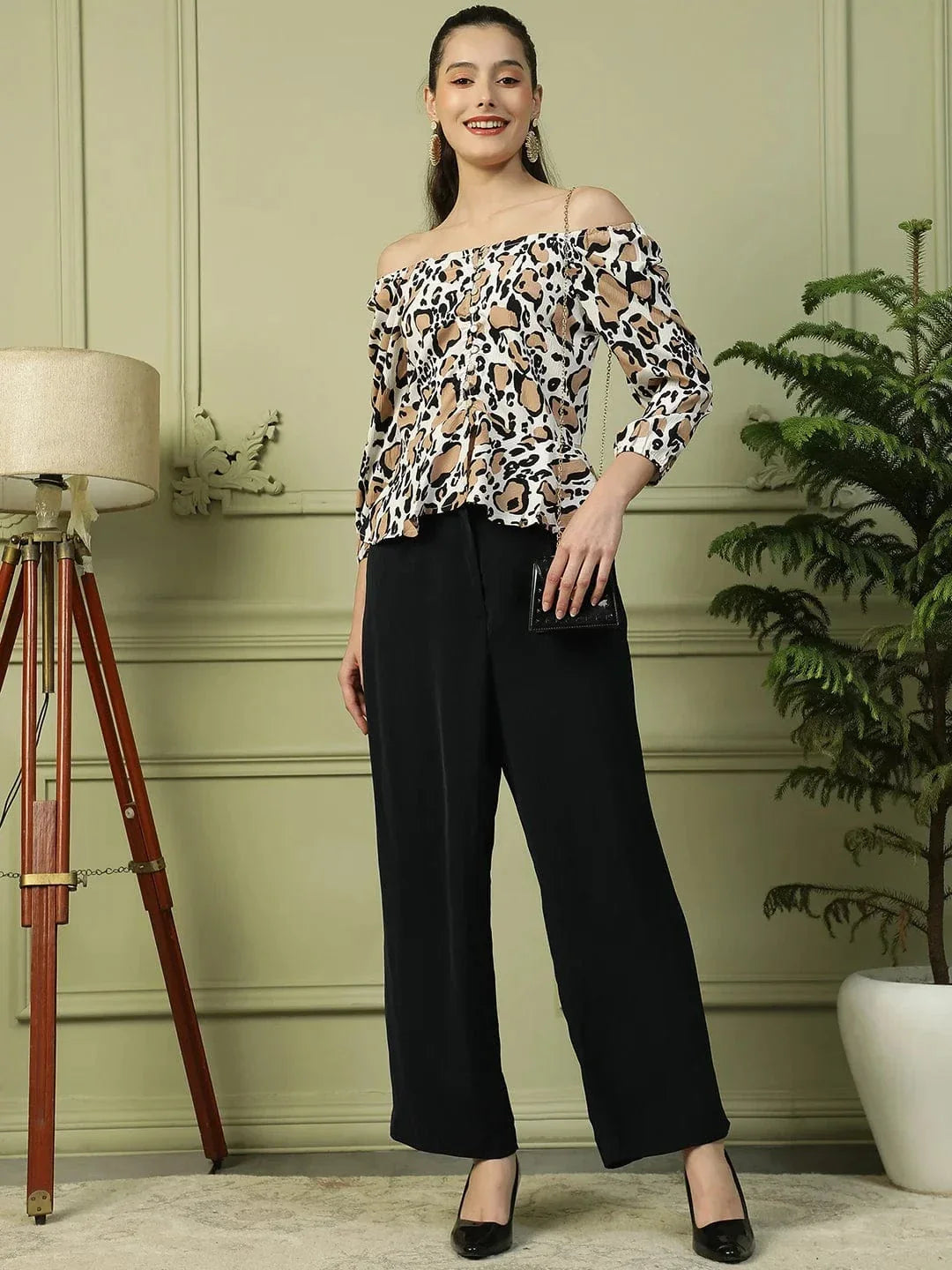 Multicolor Animal Print 3/4 Sleeve Women Off-Shoulder Peplum Top - oxolloxo